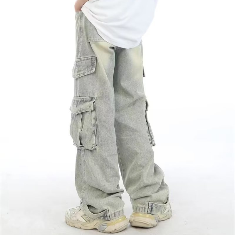 Jeans cargo multitasche stile retrò americano da uomo, pantaloni lunghi lavati vintage, stile streetwear pesante_voghion.com