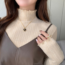 2308木耳边打底衫女秋冬季内搭新款条纹半高领针织上衣高级感毛衣
