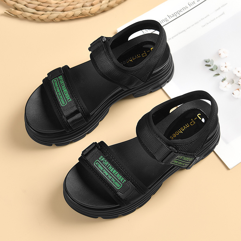 Giày sandal thể thao da thật đế dày nữ gót 4cm quai chữ V khóa dán — JST 1609 cao gót xanh đen 4cm, Đen trắng 2001 LJ, JST 1611 cao gót xanh đen 4cm, 2206 ML màu đen
