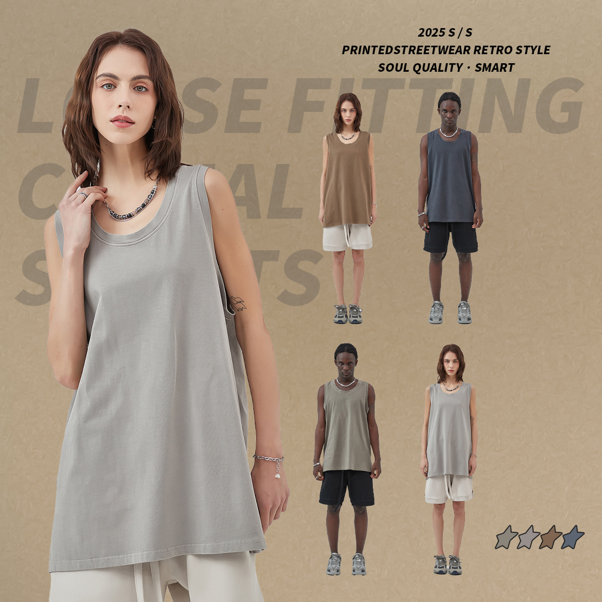 Chaleco de verano, nuevo producto, estilo retro lavado, con dobladillo dividido y efecto desgastado, chaleco informal deportivo para hombre, camiseta sin mangas de algodón puro para hombre