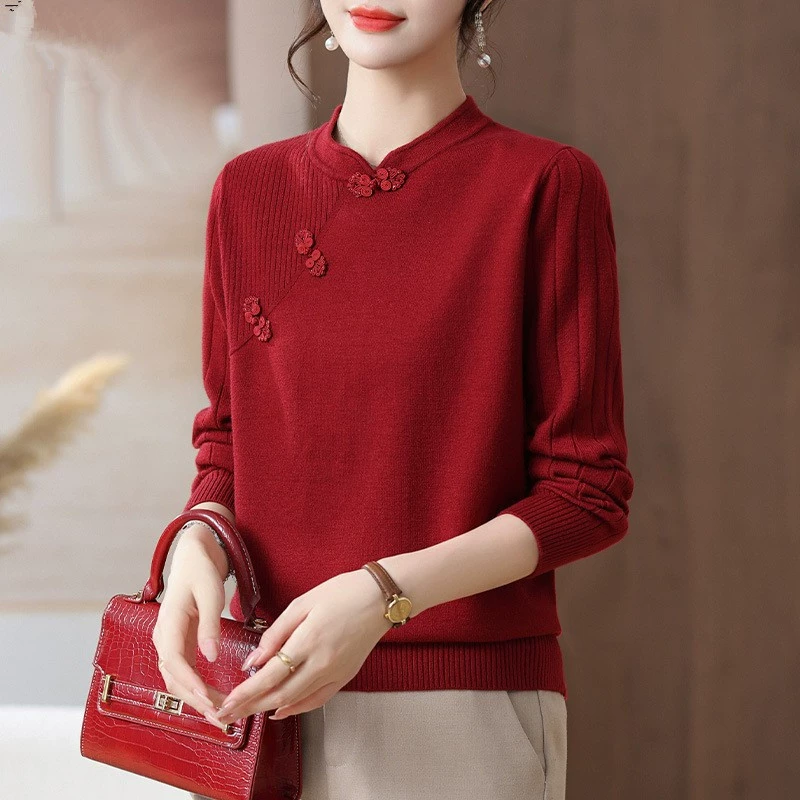 Осенний Топ для мам среднего возраста, новинка, китайские женщины среднего и пожилого возраста, весенне-осенняя вязаная маленькая рубашка, красный свитер, тонкая нижняя рубашка