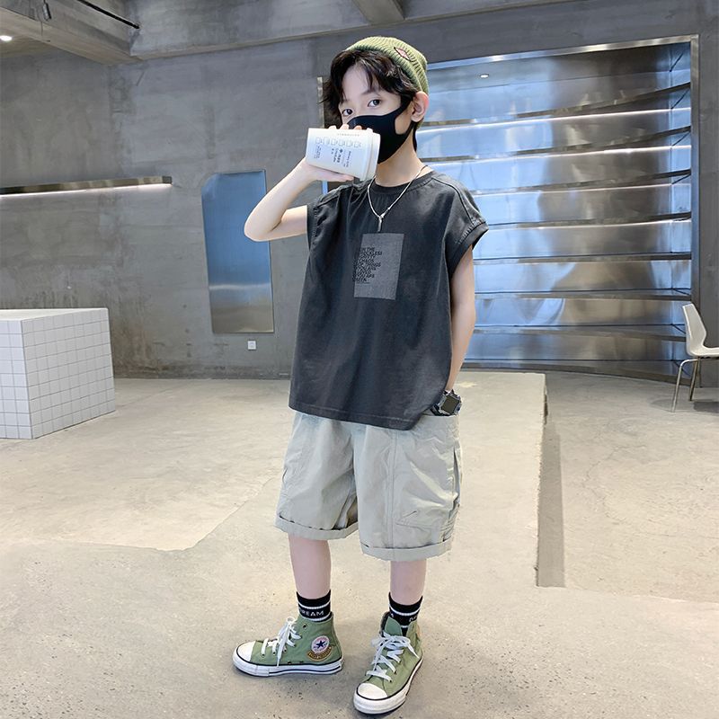 Boys Summer Suit 2025 New Medium and Large Kidsren's Thin Sleeveless Summer Casual Boy Vest Two-Piece Trendy Set