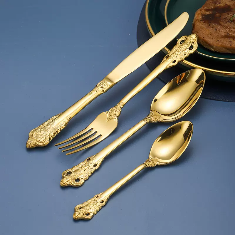 欧式创意304不锈钢宫廷系列高档镀金精美复古浮雕牛排刀叉勺餐具