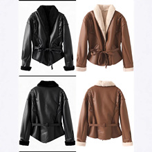 外贸爆款批发欧美风跨境女装秋冬新款街头时尚皮毛一体系腰带外套
