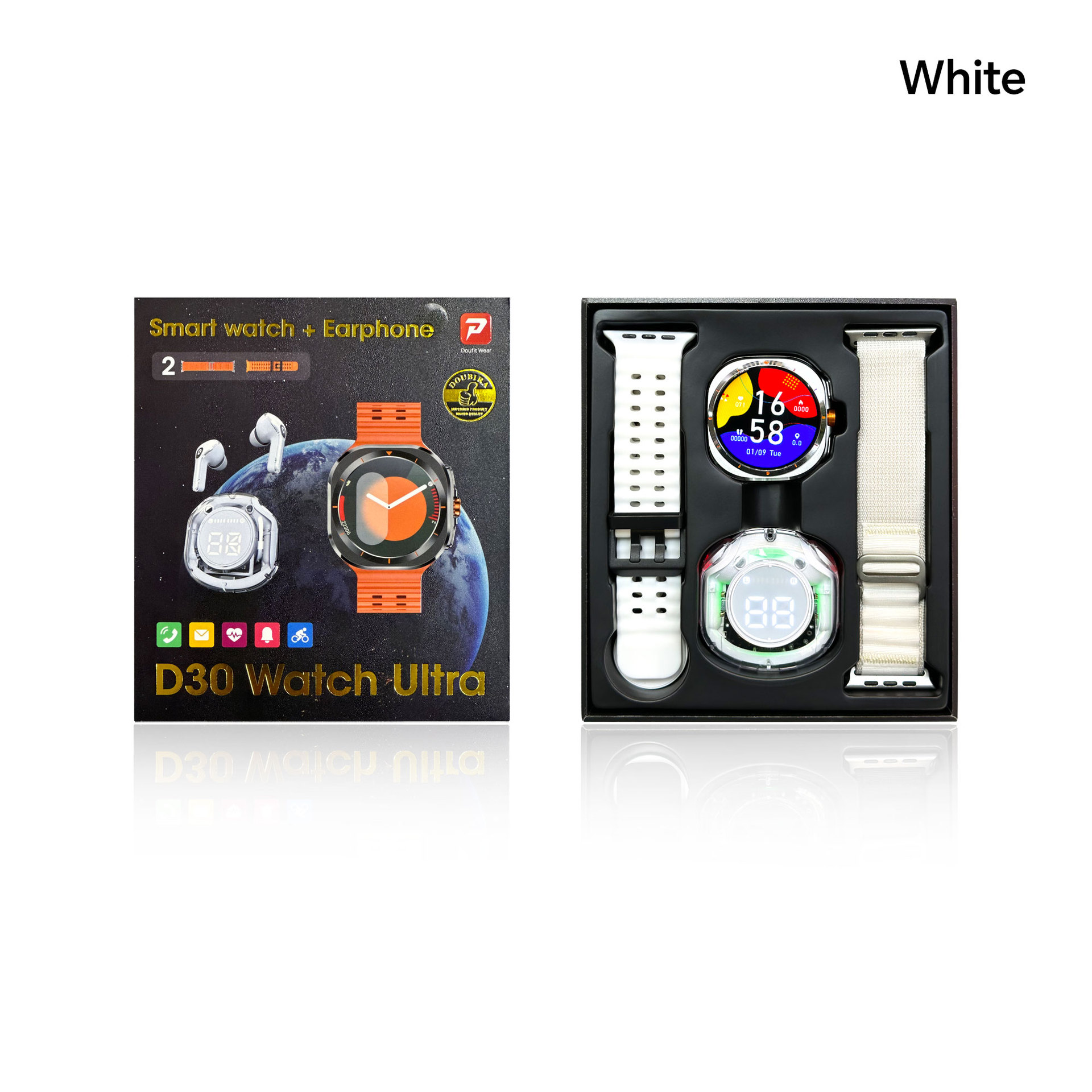 New D30 Watch Ultra Smart Watch 1.52 Inch Bluetooth Call Dual Strap + Headphone Set