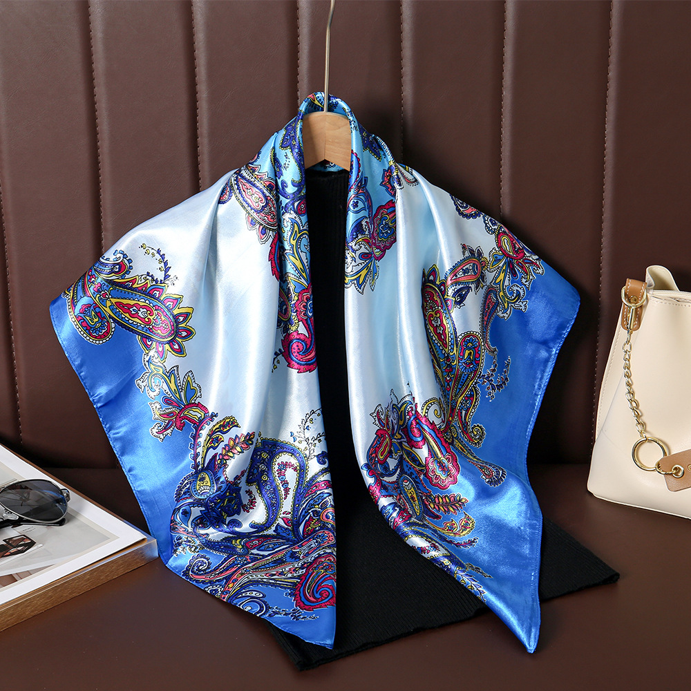 Moda y elegancia 90 satén bufanda cuadrada grande protección solar playa bufanda de seda chal patrón de flor de anacardo de doble uso collar de cinta mujer