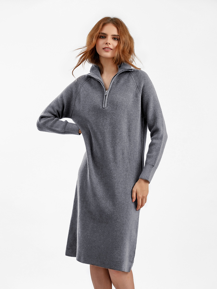 Women's Sweater Dress Casual Simple Style Turndown Zipper Long Sleeve Solid Color Knee-length Daily display picture 3