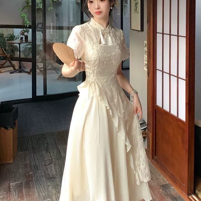 Новое китайское платье-чонсам в стиле плюс-сайз, улучшенное элегантное платье с пэчворком, модное длинное платье с асимметричным кроем, тренд лета 2025 года