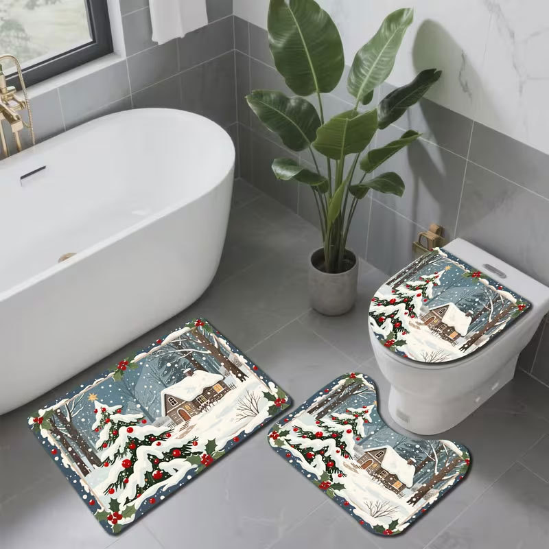 Cross-border diatomite toilet seat cover and floor mat 3-piece set, water-absorbent, dirt-resistant, non-slip floor mat, Christmas holiday floor mat