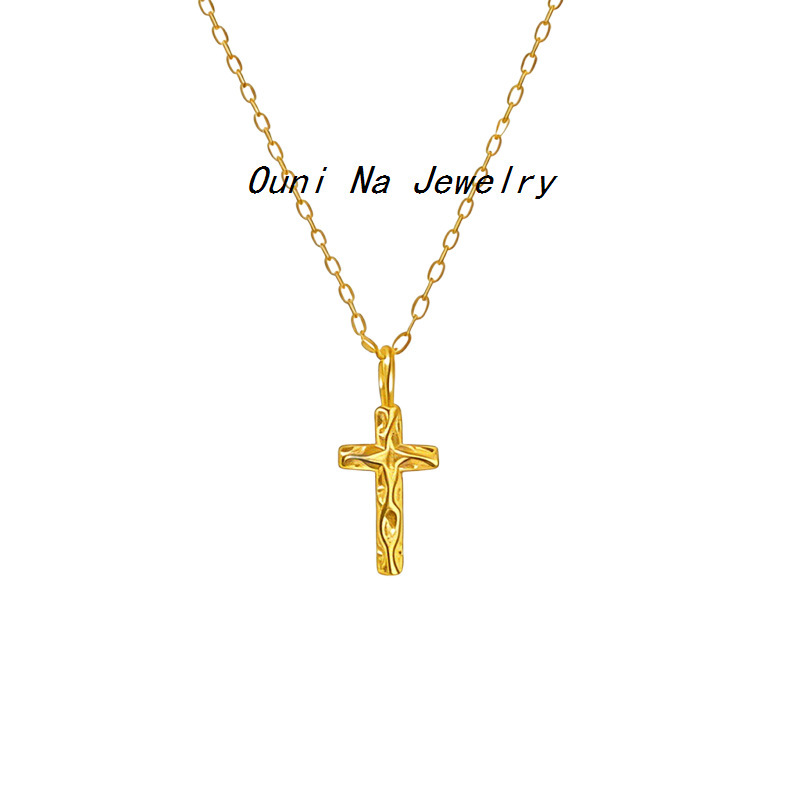 S925 Sterling Silver Plated 14K Gold Cross Bump Mini Necklace Women's Retro Light Luxury High-end Elegant Clavicle Chain