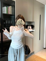 白色斜肩长袖T恤女早秋假两件蕾丝挂脖打底衫内搭短款露肩小上衣