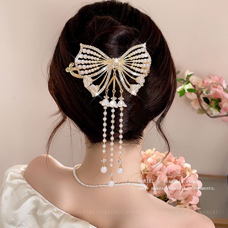 蝶結びタッセルヘアクリップ 女性用 後頭部用 2025年新作 高級ツイストワンワードクリップ 高級感のあるヘアクリップ ヘアアクセサリー|undefined