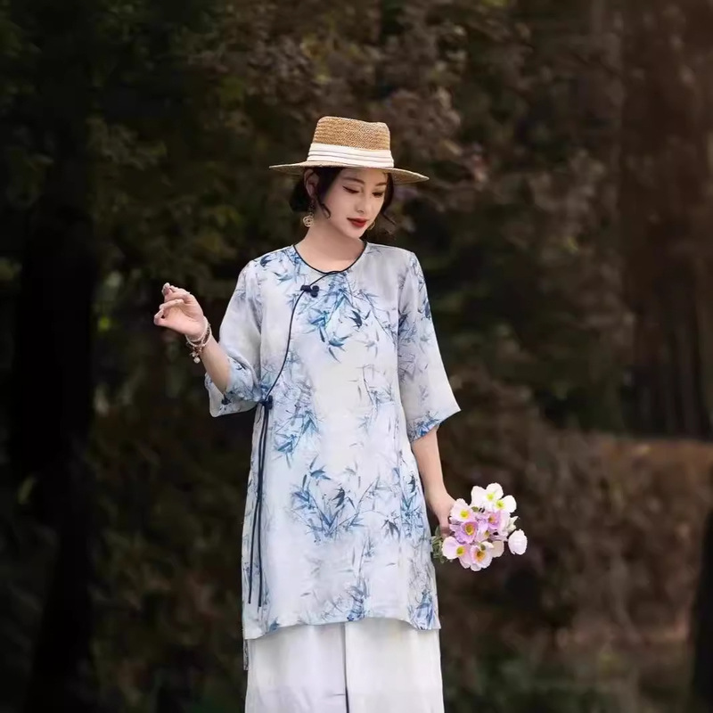 Ramie Mid-Length T-Shirt for Women, New Chinese-Style Robe, Summer Round-Neck Pullover, Loose, Slimming, Lightweight Tea Dress