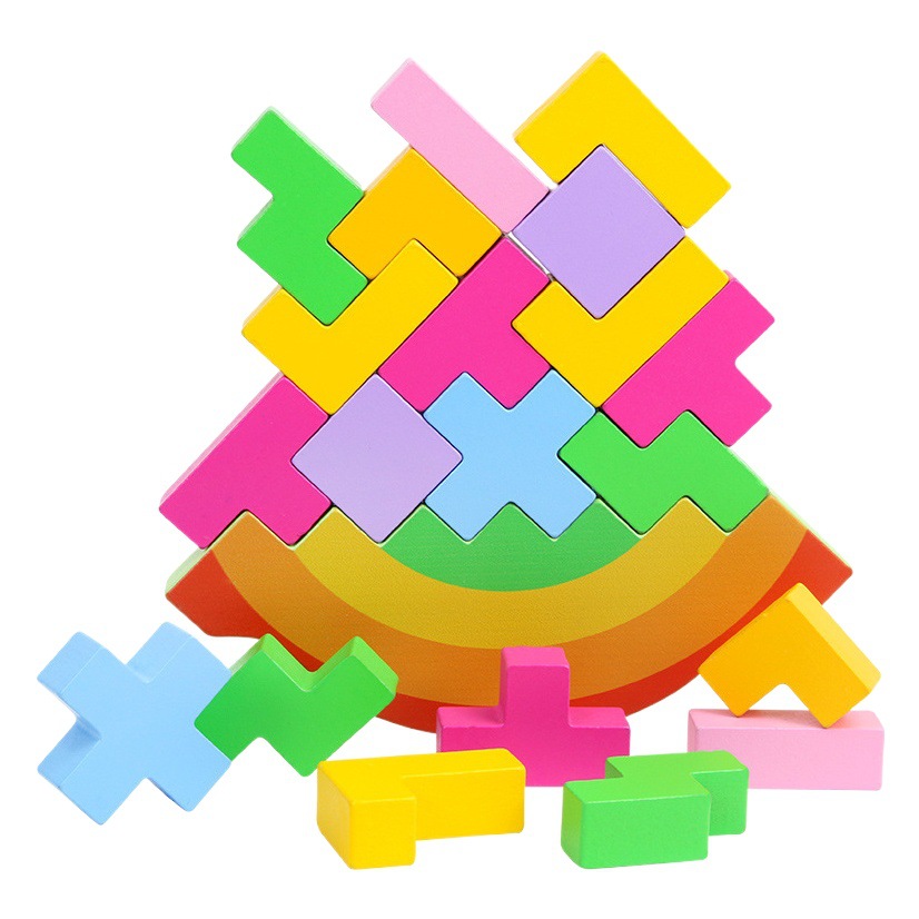 Balance de balanceo de arco iris de madera, bloques de construcción de Tetris, rompecabezas geométrico, juguetes educativos de educación temprana para niños
