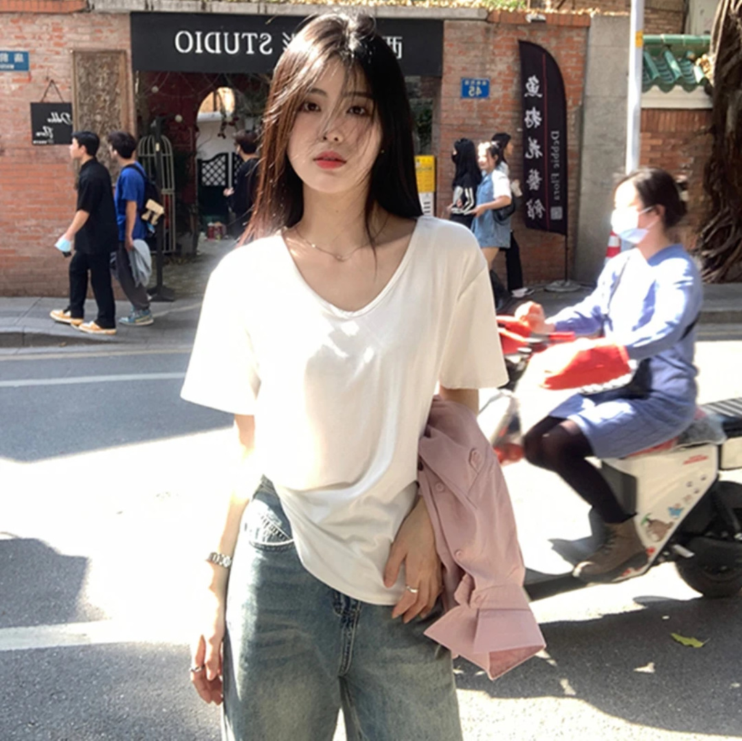 게으른 스타일 느슨한 티셔츠 여성용 V 넥 어깨 흰색 짧은 소매 큰 목 슬리밍 편안한 내부 착용 여성용 탑