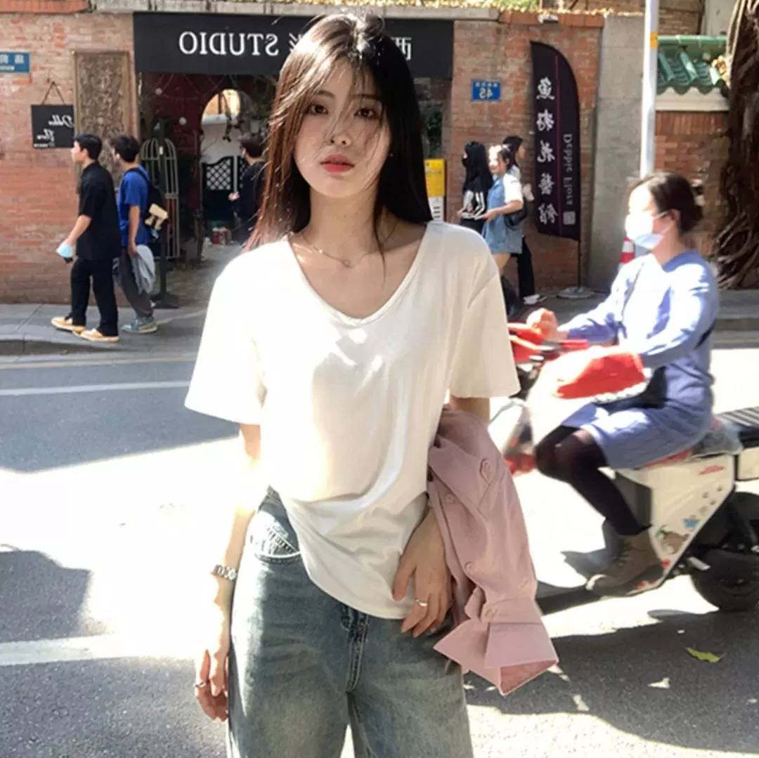 慵懒风宽松T恤女V领正肩白色短袖大领口显瘦舒适内搭外穿女装上衣