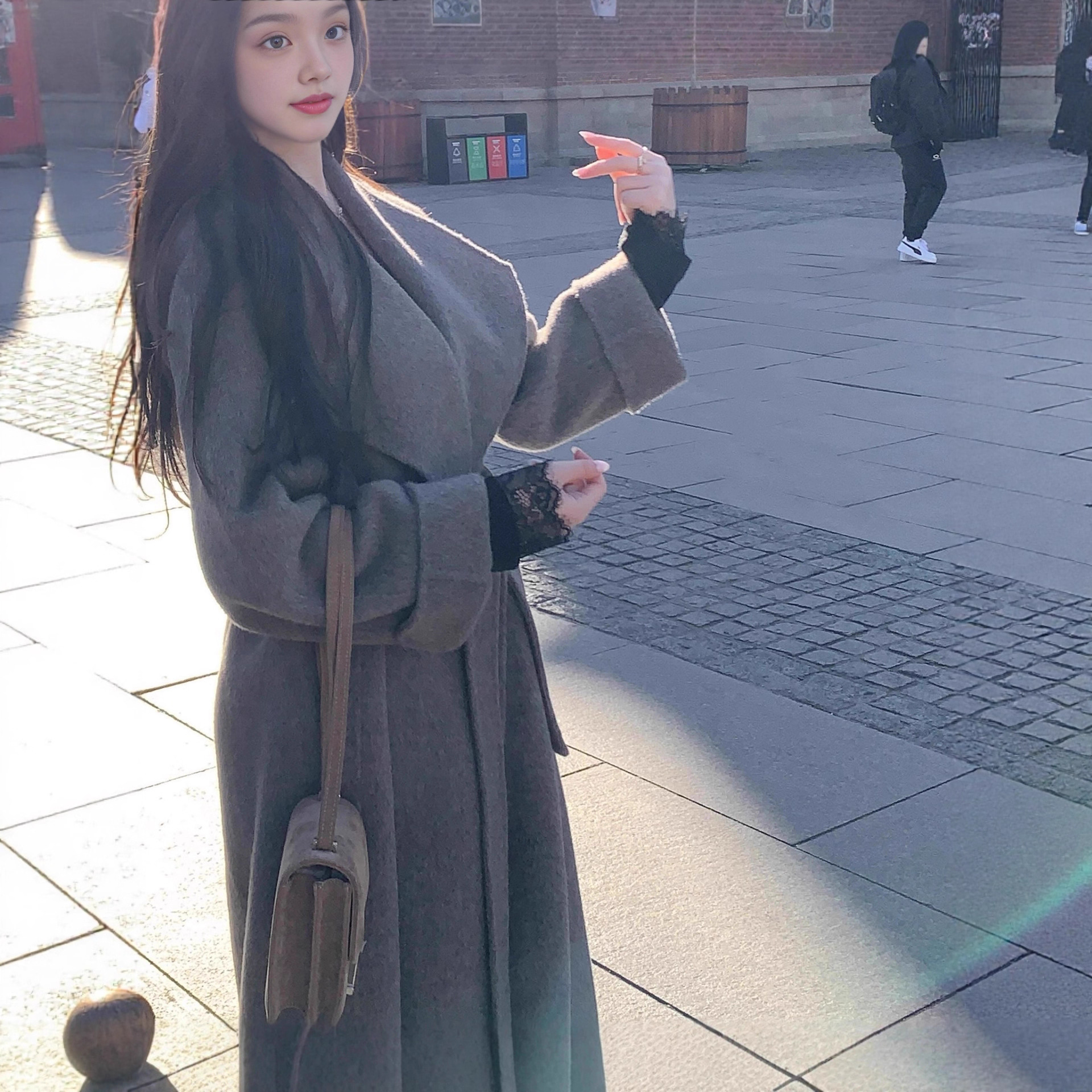 Camel Velvet Gray Large Lapel Double-Sided Woolen Outwear Women's Lazy Mid-Length Belted Outwear Autumn and Winter