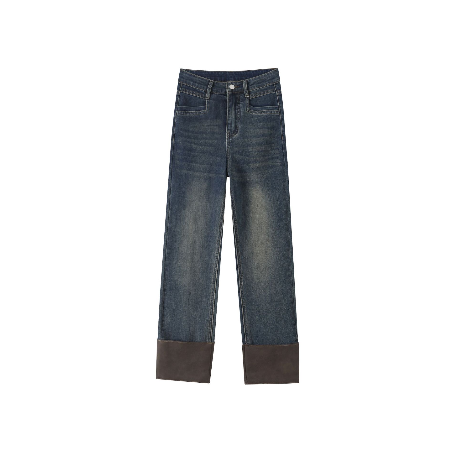 스티칭 연기 파이프 자른 청바지 여자의 가을 겨울 기모 두꺼운 높은 허리 새 스타일 스트레이트 탄성 곡선 슬림 룩 바지