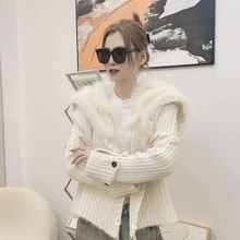 2025年秋季时尚海军领狐狸毛皮草毛衣简约通勤狐狸毛拼接针织外套