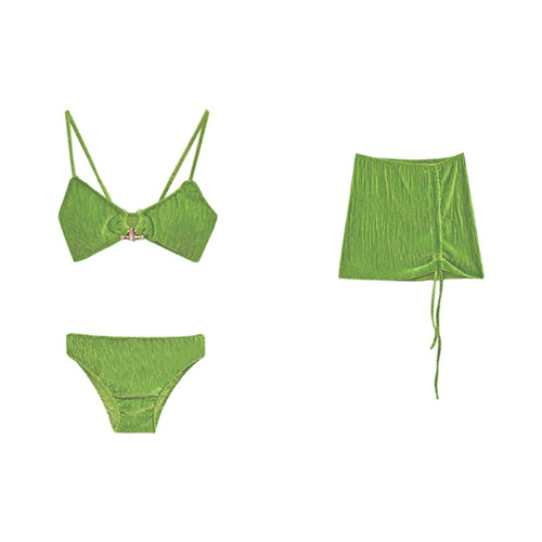 2024 new swimsuit women's BIKINI bikini split three-piece set green gold velvet high-end swimwear