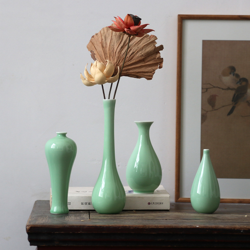 Ceramic Vase New Chinoiserie Retro Bean Green Small Vase Home Furnishings Creative Dried Flower Arrangement Tea Ceremony Flower Arrangement