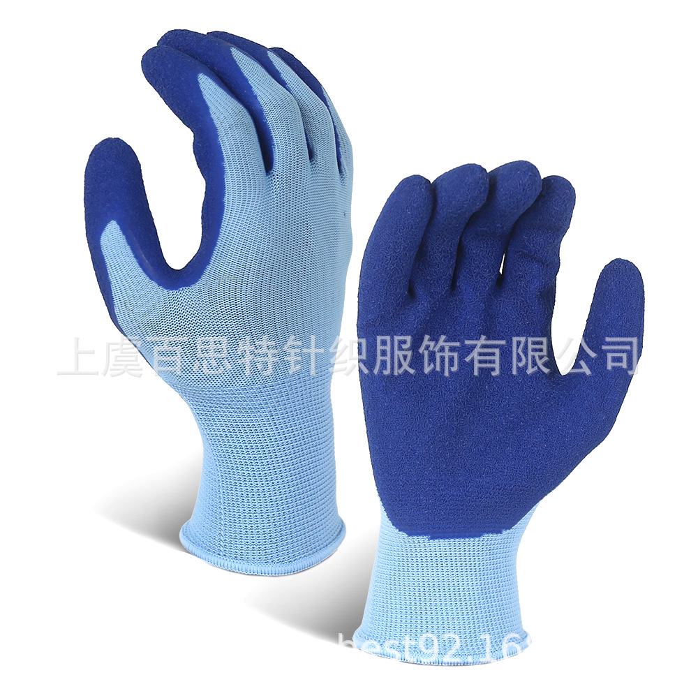 厂家货源款式颜色定制13针成人乳胶浸胶手套涤纶材质起皱设计防滑