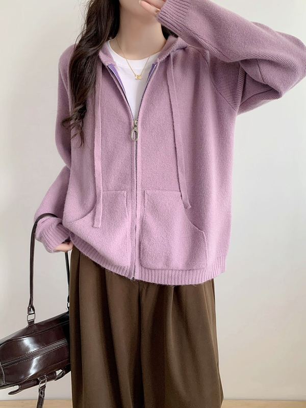 春秋新款女装宽松连帽双拉链针织衫外套休闲百搭长袖毛衣气质上衣|undefined