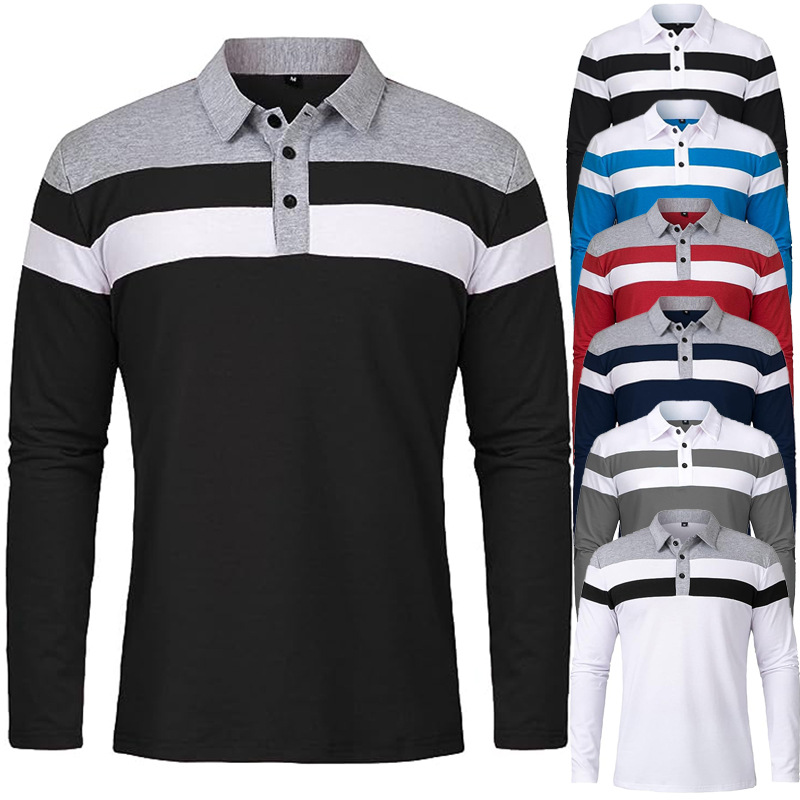 Cross-Border Men's Long-Sleeved Polo Shirt with Three Stripes on the Chest and Color-Blocked Digital Printing Men's Lapel Short-Sleeved T-Shirt Export