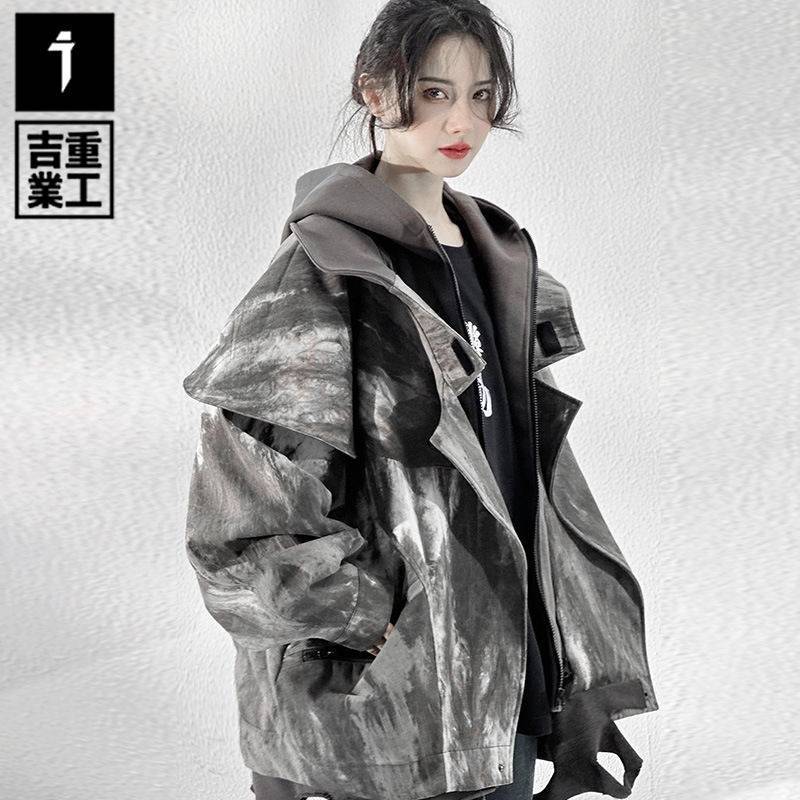 (2개) JIYE 중공업 GUOCHAO NEW STYLE WEAR-OUT FAKE 2 피스 재킷 남성과 여성의 느슨한 캐주얼 폐기물 지구 스타일 후드 재킷