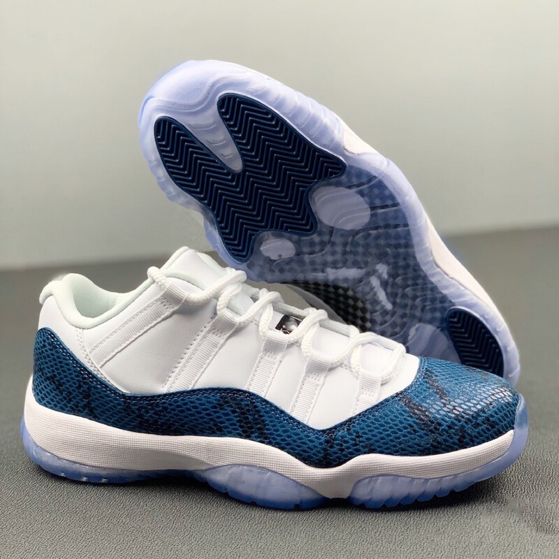 High-Quality Aj11 Low-Top Basketball Shoes with Snake Print, Legendary Blue, Unisex Jordan 11 Casual Versatile Sneakers