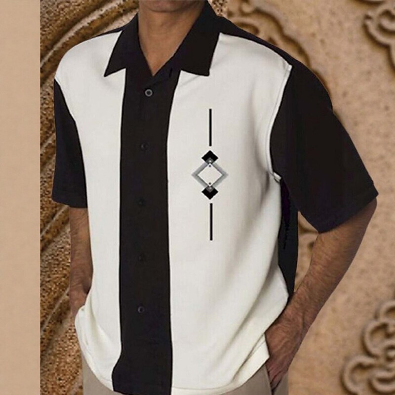 Cross-Border American-Style Black and White Geometric Color-Blocking Short-Sleeve Shirt, Men's Retro Bowling Shirt, One-Piece Dropshipping Cross-Border American-Style Black and White Geometric Color-Blocking Short-Sleeve Shirt, Men's Retro Bowling Shirt, One-Piece Dropshipping