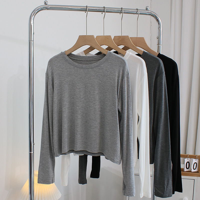 Modal round neck long-sleeved T-shirt for women Spring and Autumn new casual thin versatile slimming soft glutinous solid color bottoming shirt fashion