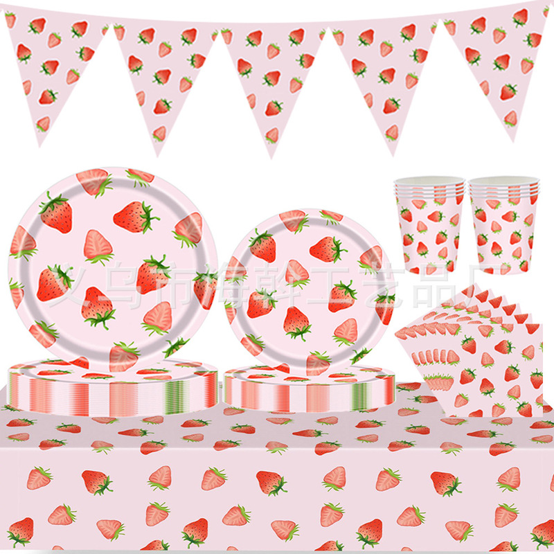 Cross-Border Hot Selling Pink Strawberry Theme Party Disposable Tableware Plates Paper Towels Cups Forks Party Decoration Supplies