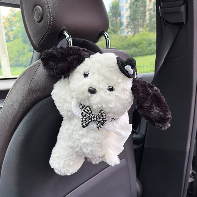 Tissue Box Hanging Car Cute: Car tissue box/set - black-bow-tie-bib-black-hat-white-dog-tissue-drawing