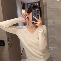 白色v领毛衣打底衫女2025春秋新款薄款内搭毛衫秋冬低领针织上衣