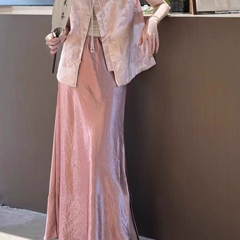 2025年夏服、ユニークで美しい新しい中国風ピンクジャカードベストとスカートの2点セット|undefined