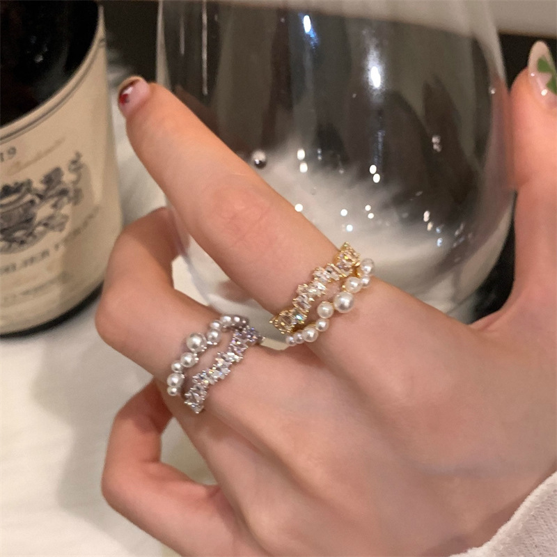 輕奢復古顯白鋯石珍珠雙層開口戒指女精緻時尚百搭小眾高級感指環