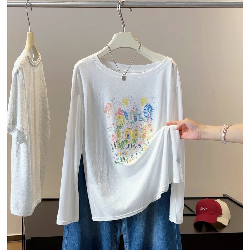 Graffiti Print Thin Long-Sleeved T-Shirt for Women Summer New Style Loose Fashion Casual Simple Sun Protection Blouse Top