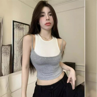 Summer New Simple Fashion 2025 Sweet Hot Style Design Sense Contrast Color Fake Two-piece Camisole Women's Top Trendy