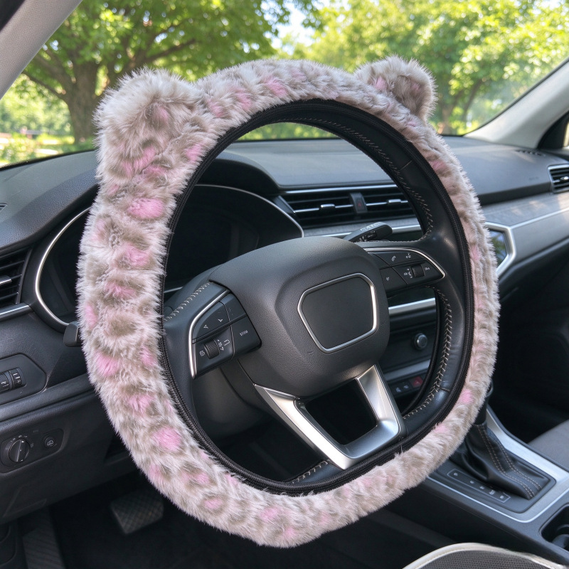 Cross-border wholesale of winter plush steering wheel covers featuring leopard print, cat ears, and cartoon bear designs, suitable for universal use