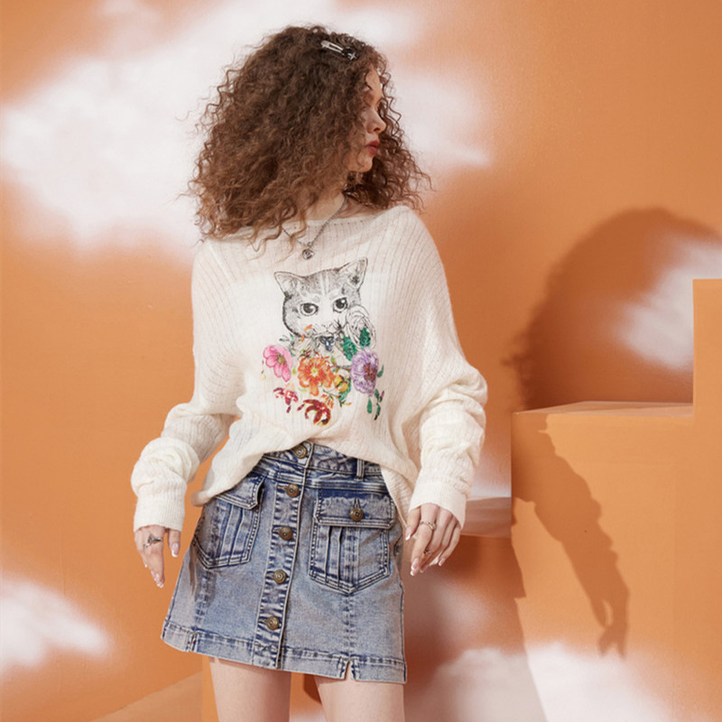 Fairy's Pocket Cat White Blouse Sweater 2025 Autumn and Winter New Style Thin Loose Top