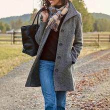 跨境亚马逊2025秋冬爆款女士毛呢外套 纯色翻领带口袋中长款大衣