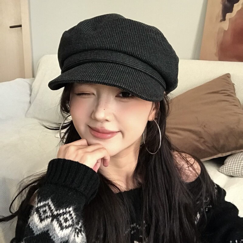 秋日氛围感日系细条纹平顶贝雷帽女2025新款秋冬百搭八角报童帽子|undefined