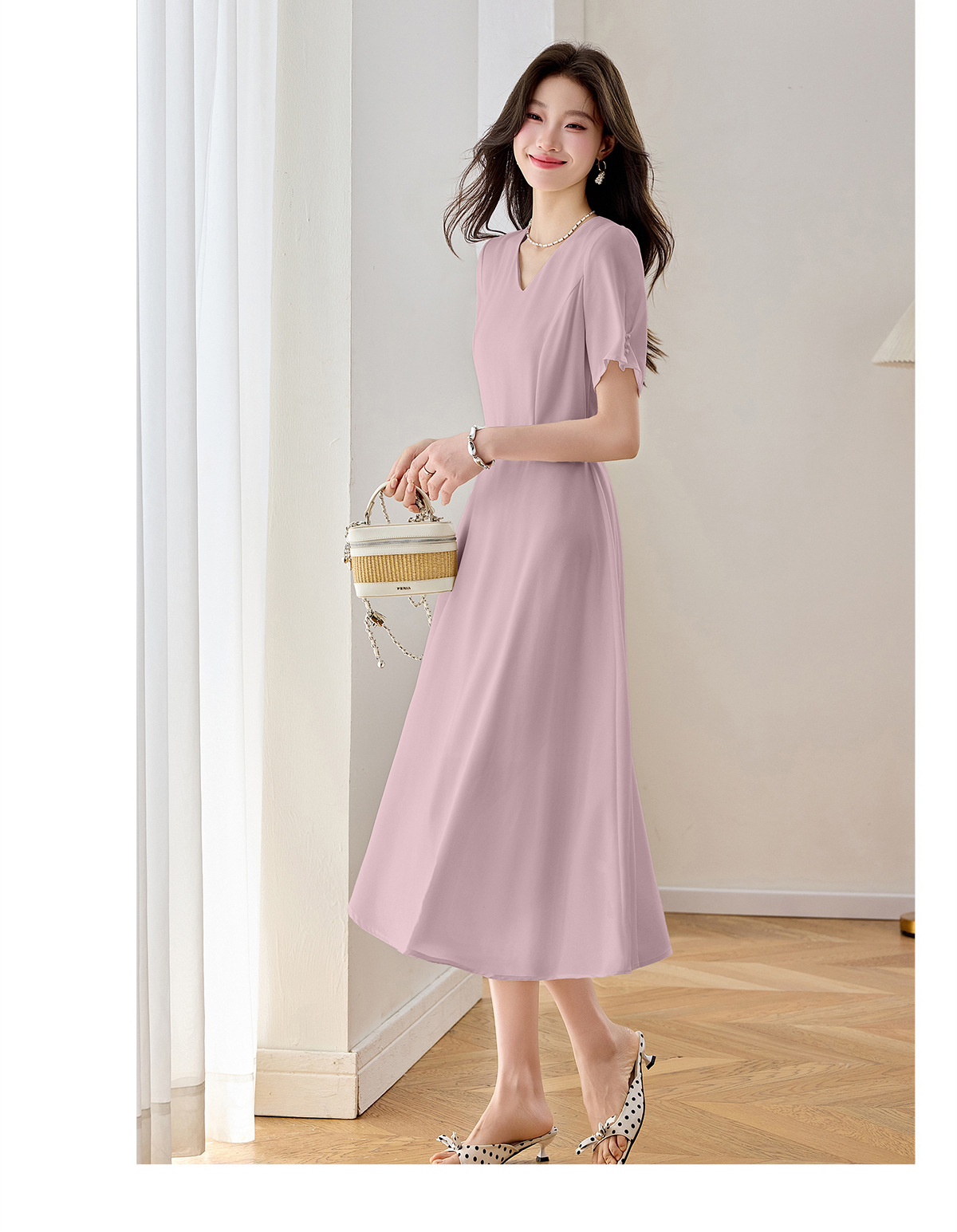Đầm maxi nữ thắt eo cổ V dáng dài phối màu trơn — màu xanh đậm, màu tím, màu trắng chi tiết 22