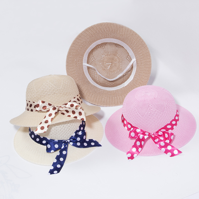 Children's Straw Hat Summer New Dot Ribbon Casual Pastoral Hat Baby Sun Hat Sunscreen Breathable Sun Hat