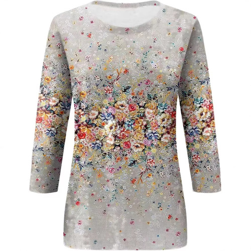 New 2025 Spring Amazon Cross-border Women's Fashion Print 7/8 Sleeve Loose Round Neck Casual T-shirt Top