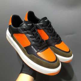 跨境Balma*n巴尔蔓黑橙拼色牛皮冲孔低帮男鞋厚底真皮运动休闲鞋