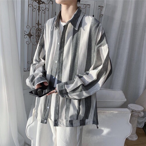 Japanese striped shirt for men, Korean style workwear top, autumn couple long-sleeved shirt, loose and versatile, student uniform, trendy
