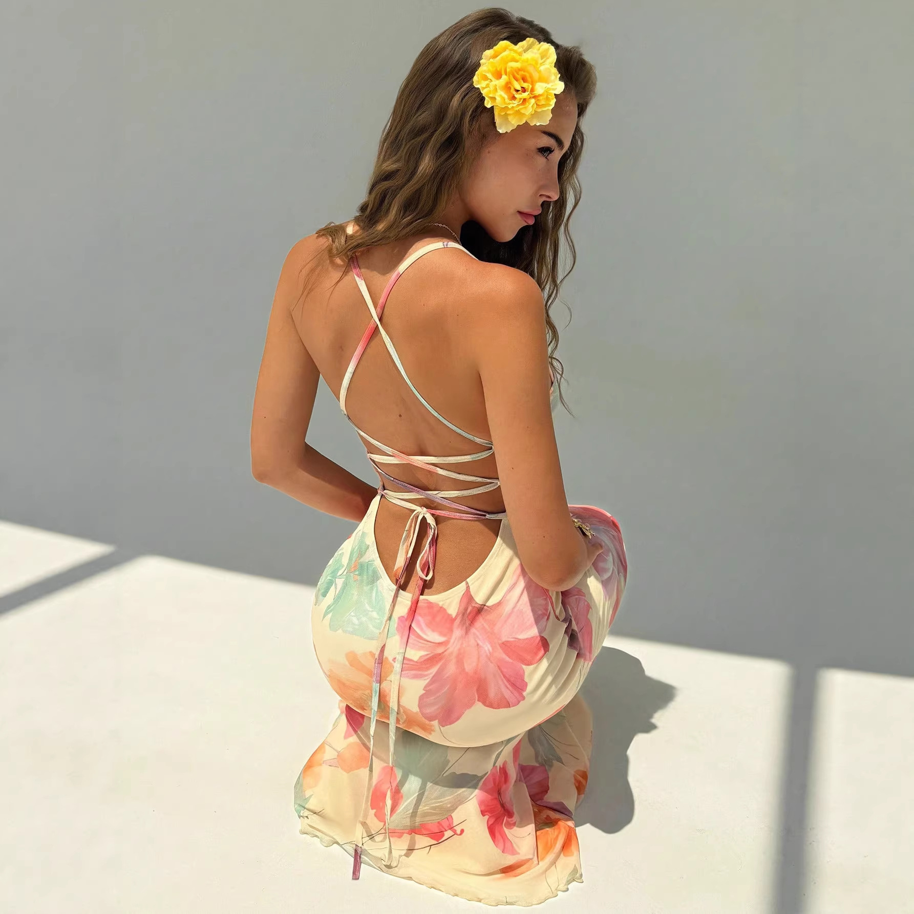 跨境亚马逊热卖欧美女士夏季新款后背交叉系带修身吊带长款连衣裙