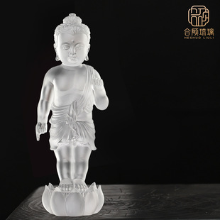 Glass Sakyamuni Prince Buddha Statue for Worship, Buddha Basin, Lotus Base, Home Pointing to the Sky and Pointing to the Ground, Bathing Buddha Festival Ornaments